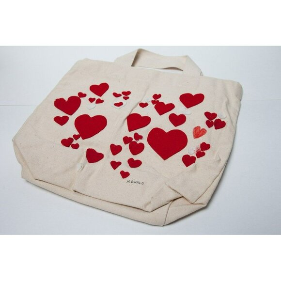 Vtg 1970's Detroit Artist Mary Ewald Handmade Felt Heart Canvas Tote Bag Signed - Picture 1 of 4
